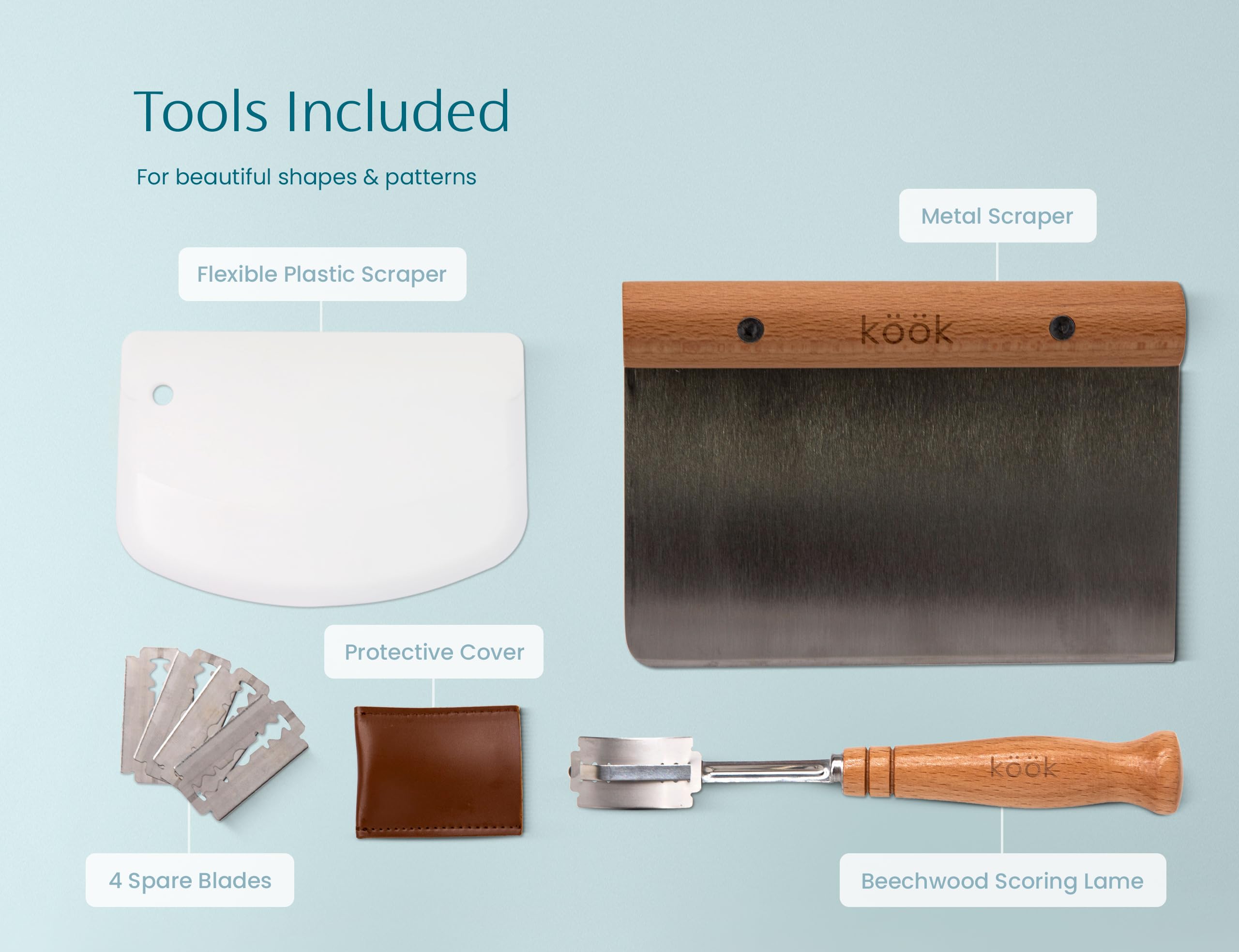 Proofing Set, By Kook, Sourdough Bread, 2 Rattan 9 Inch Banneton Baskets, 2 Basket Covers, Metal Scraper, Plastic Scraper, Scori